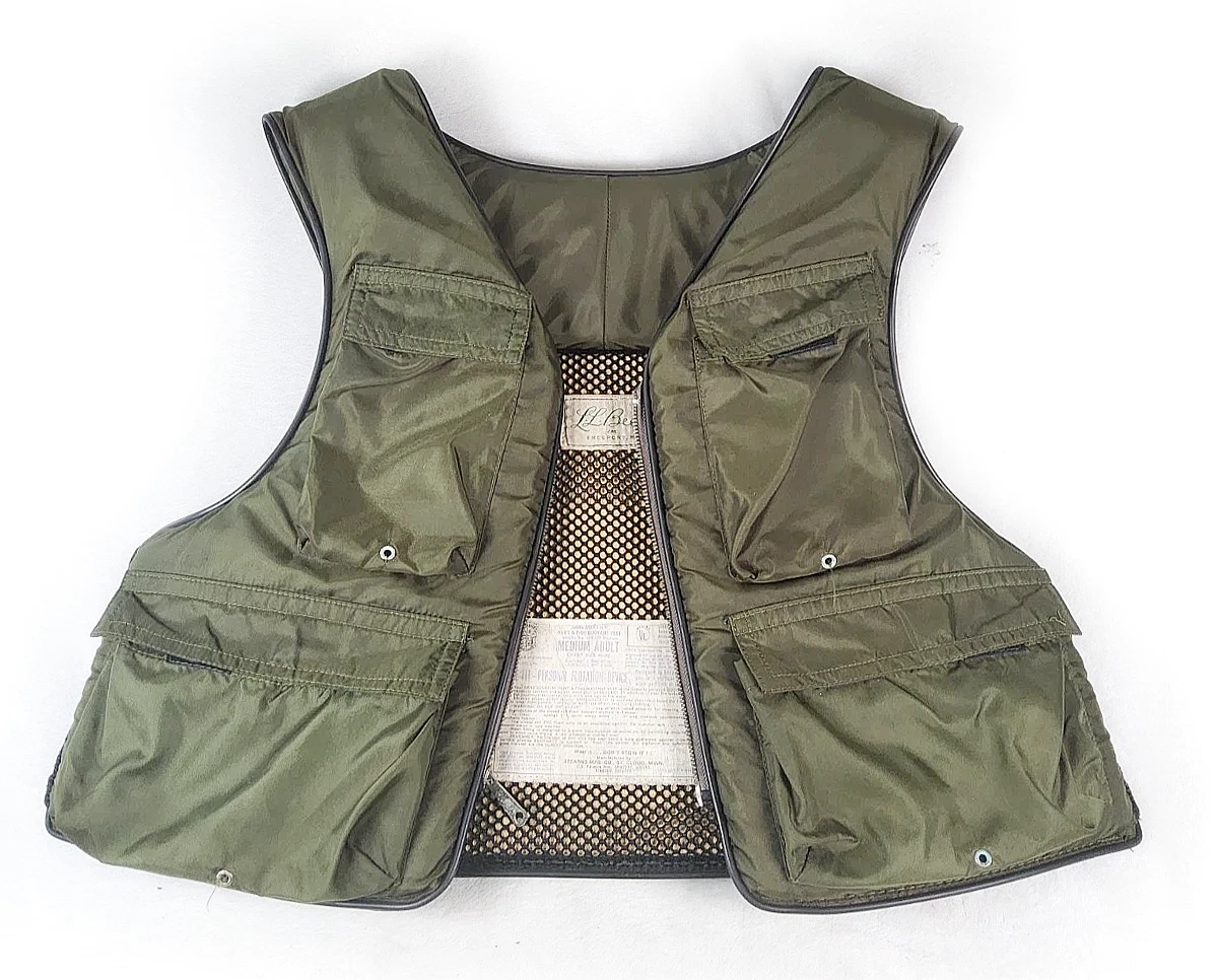 Vintage LL Bean Fishing Vest 1960s Script Logo Green Men M 40-42 Buoyant Hunting