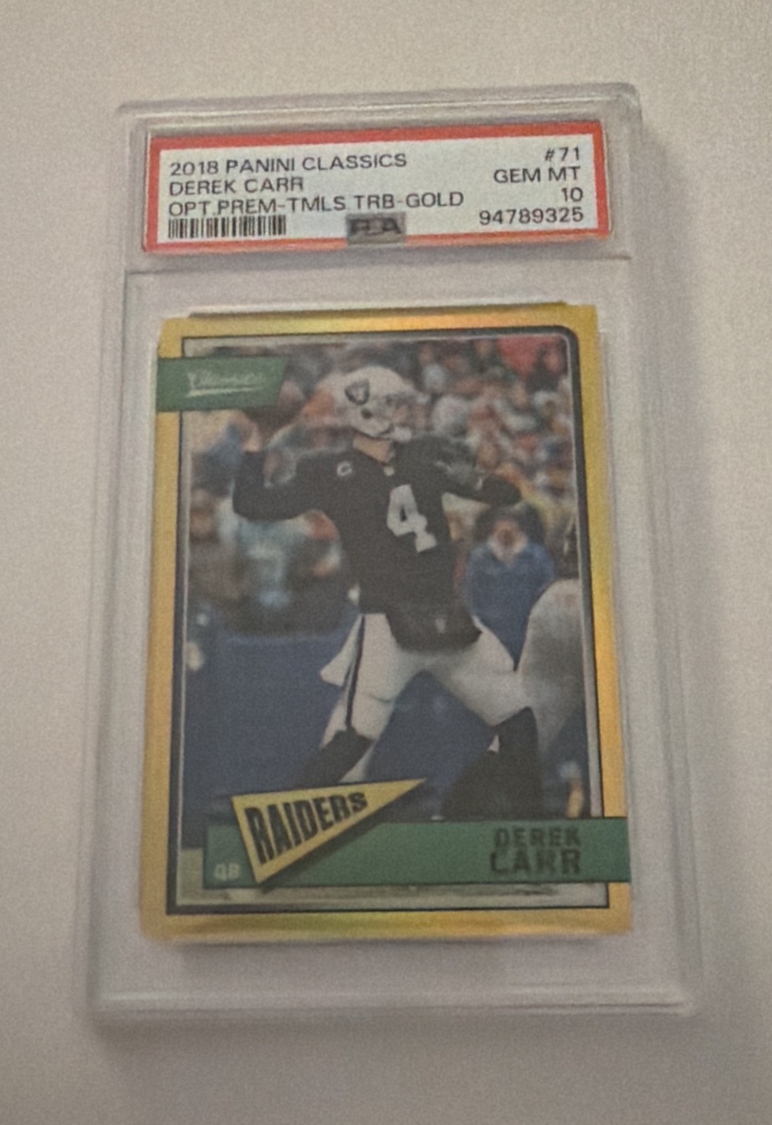 2018 Panini Classics Derek Carr Premium Edition Timeless Gold/65 PSA GEM MINT 10
