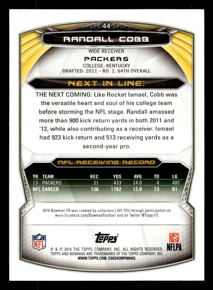 2014 Bowman #44 Randall Cobb Veterans Black Card Green Bay Packers - Image 2 of 2