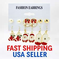 Christmas Holiday Earrings Set 6 Pairs Cute Santa Stocking Wreath Winter Jewelry
