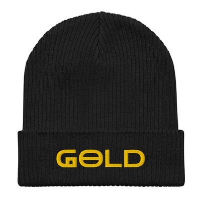 Gold Organic Ribbed Beanie Embroidered Text Comfort Cotton Hat