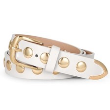 Women Fashion Leather Belt Studded Leather Belt 25"-30" Waist Adjustable White