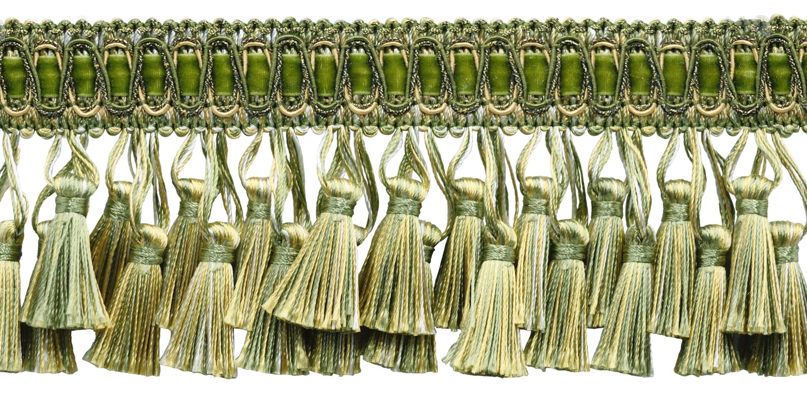 Two Tier Tassel Fringe Trim, Color# 010 - Olive Garden Green [Sold By The Yard]