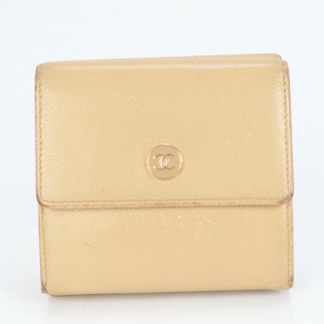 Chanel Beige Leather Bi-Fold Wallet with Coco Button and Serial Sticker for Women