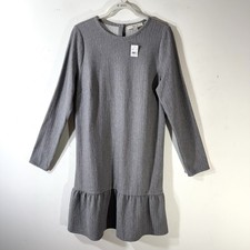 Loft Gray herringbone Knit Dress Sz Large TALL Ruffle  Hem Long Sleeve Work NWT