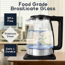 Image of 1.8L Electric Glass Kettle 1800W Fast Boil Blue LED Cordless BPA Free