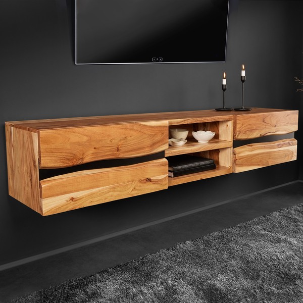 HäNgendes Tv-Lowboard Amazonas 160Cm Natur Akazie Massivholz Baumkante Metall-image