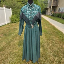 Vintage Lilia Smitty Western Fringe Lace Maxi Dress Belt Teal Size 5/6 Cowgirl