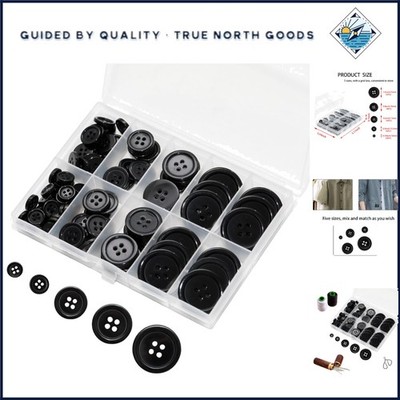 Versatile Black Buttons, 100 Pcs, 5 Sizes with 4 Holes for Easy Stitching