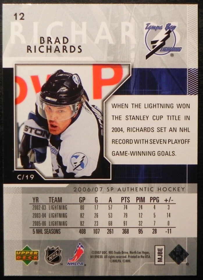 2006-07 06/07 SP Authentic #12 Brad Richards Tampa Bay Lightning - Image 2 of 2
