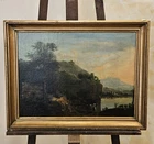1850 oil painting on canvas.  Unsigned Doubled. mountain waterfront