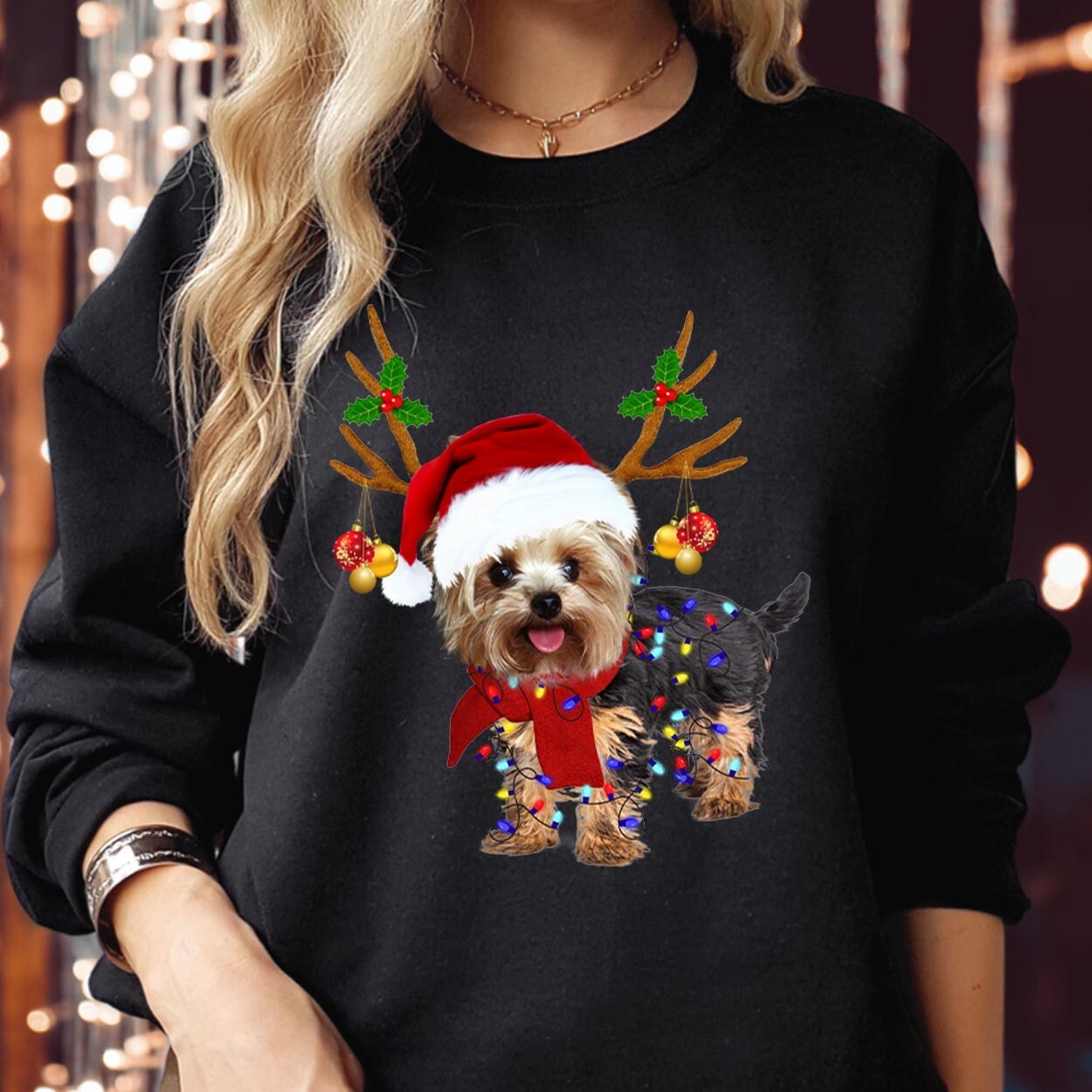 SWEATSHIRT 5371 Christmas Reindeer Yorkie Xmas Dog Puppy Santa Hat Pajama Jumper-image