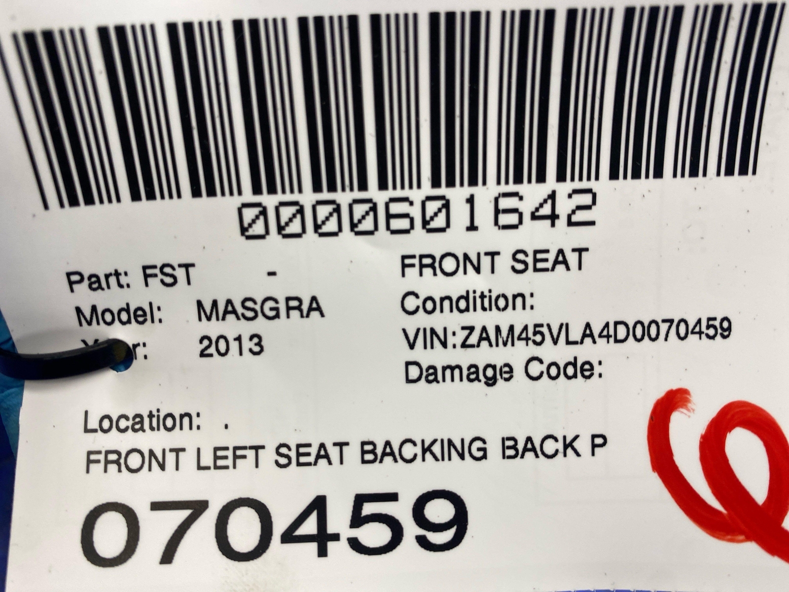 2013-2019 MASERATI GRANTURISMO FRONT LEFT SEAT BACKING BACK PANEL TRIM BLACK OEM