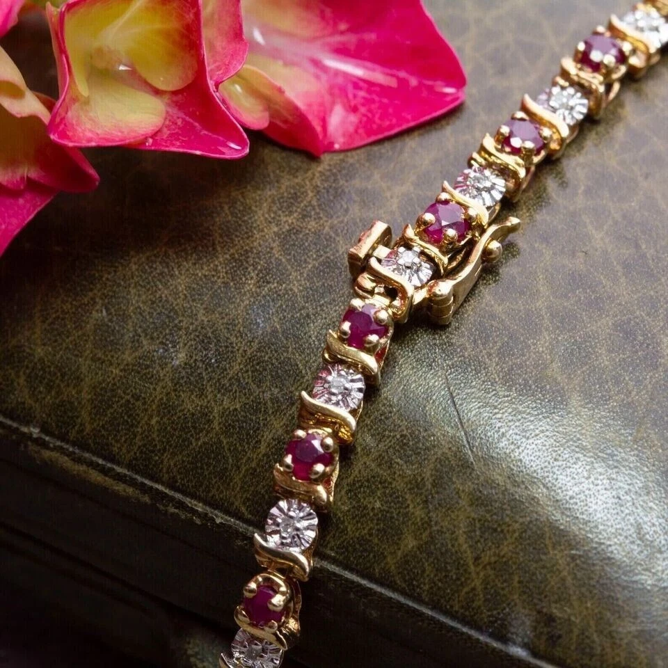 4Ct Round Cut Red Ruby Women's Tennis Bracelet 14K Yellow Gold Plated - Image 2 of 4