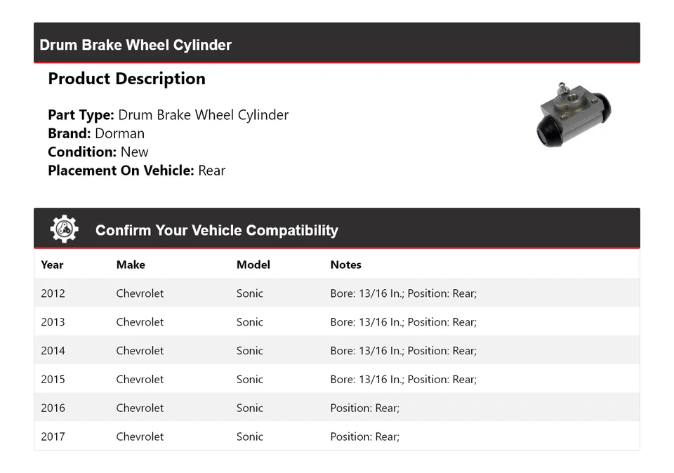 For 2012-2017 Chevrolet Sonic Dorman Drum Brake Wheel Cylinder Rear 2013 2014 - Image 2 of 4
