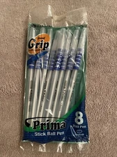 SEALED Bazic Products Prima Blue Stick Ball Pens w/ Grooved Grip - 8 Pack