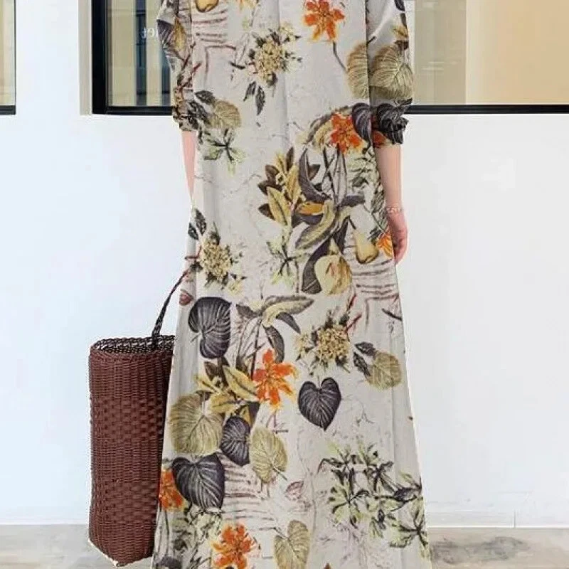 OFF WHITE Abito camicia manica lunga 2025 cotone lino stampato risvolto casual vestibilità ampia casual