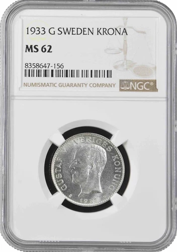 Sweden 1 krona 1933 G, NGC MS62, "King Gustaf V (1908 - 1950)" silver coin