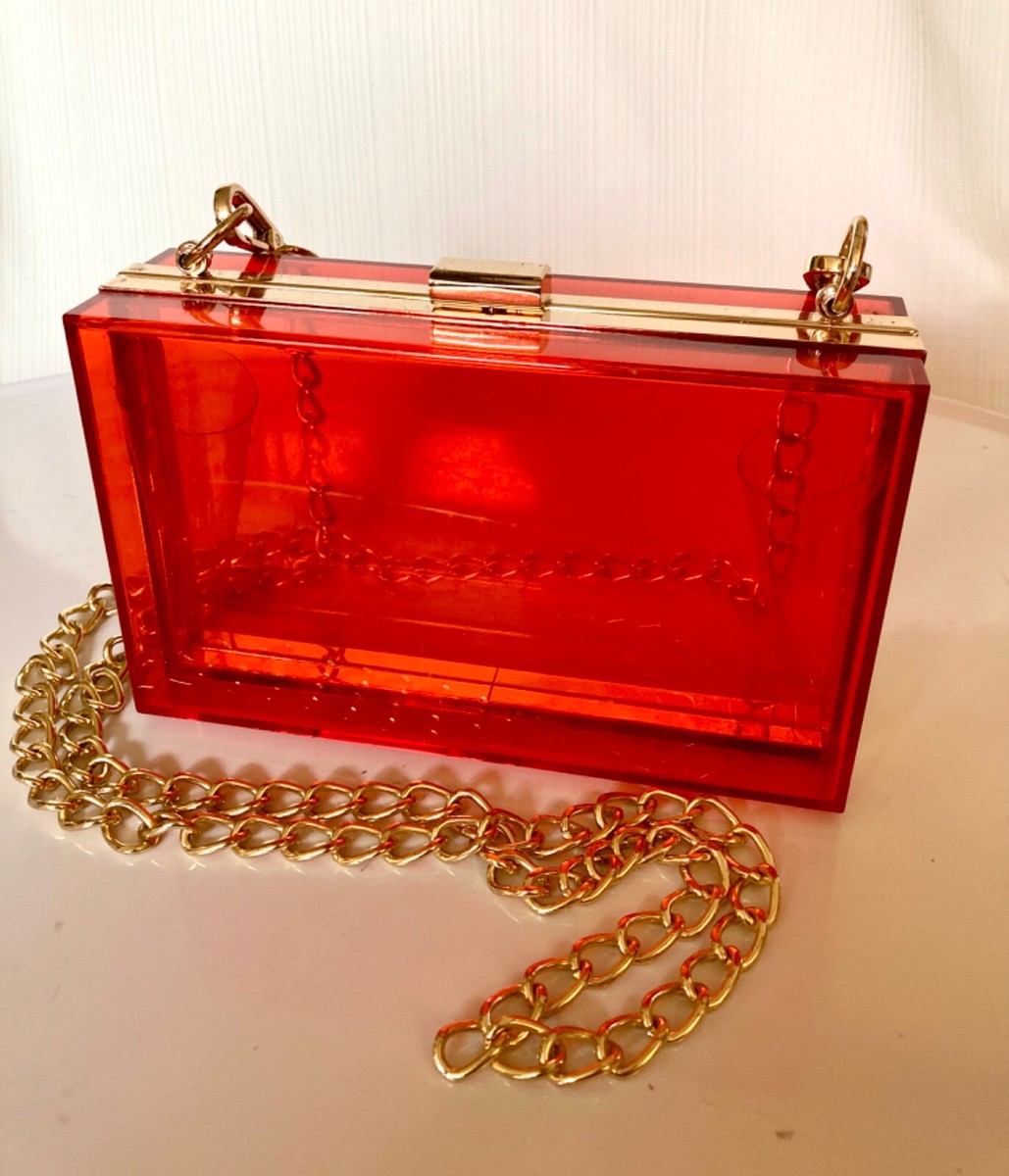 Womens RED ACRYLIC Crossbody Box Purse Detachable Gold Chain Strap