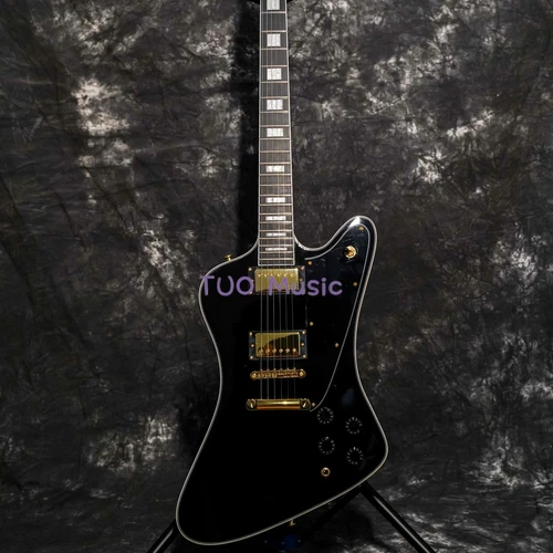 Custom Firebird Electric Guitar Black Solid Body Mini HH Pickups Gold Hardware
