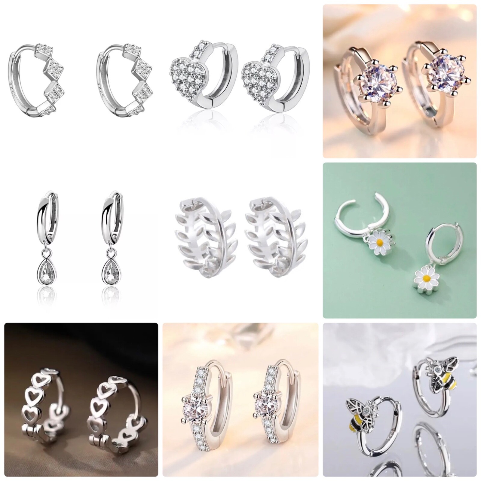 Hoop Earrings Sterling Silver 925 Heart Bee Zircon Teardrop Flower Leaf-image