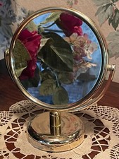 Vintage Brass Metal Swivel Vanity Mirror; Round W/Base Dual Sided W/Magnifying