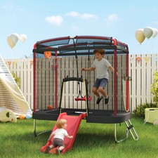 Qaba 4 x 6FT Trampoline for Kids with Slide, Swing, Basketball Hoop, Red