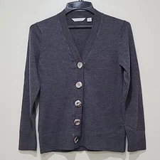 Lady Hathaway Cardigan Sweater Sz L Button-Down 100% Extra Fine Merino Wool Gray