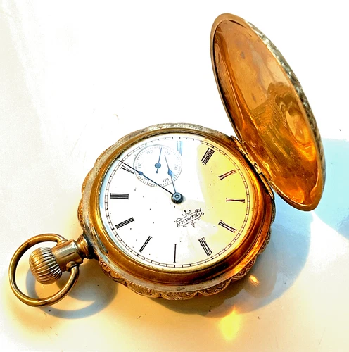Antique Elgin Full Hunter Pocket Watch 7 Jewel Keystone Gold Filled Case c.1890s