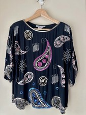 Vintage 80's Argenti 100 Silk Beaded Sequins Blouse Black