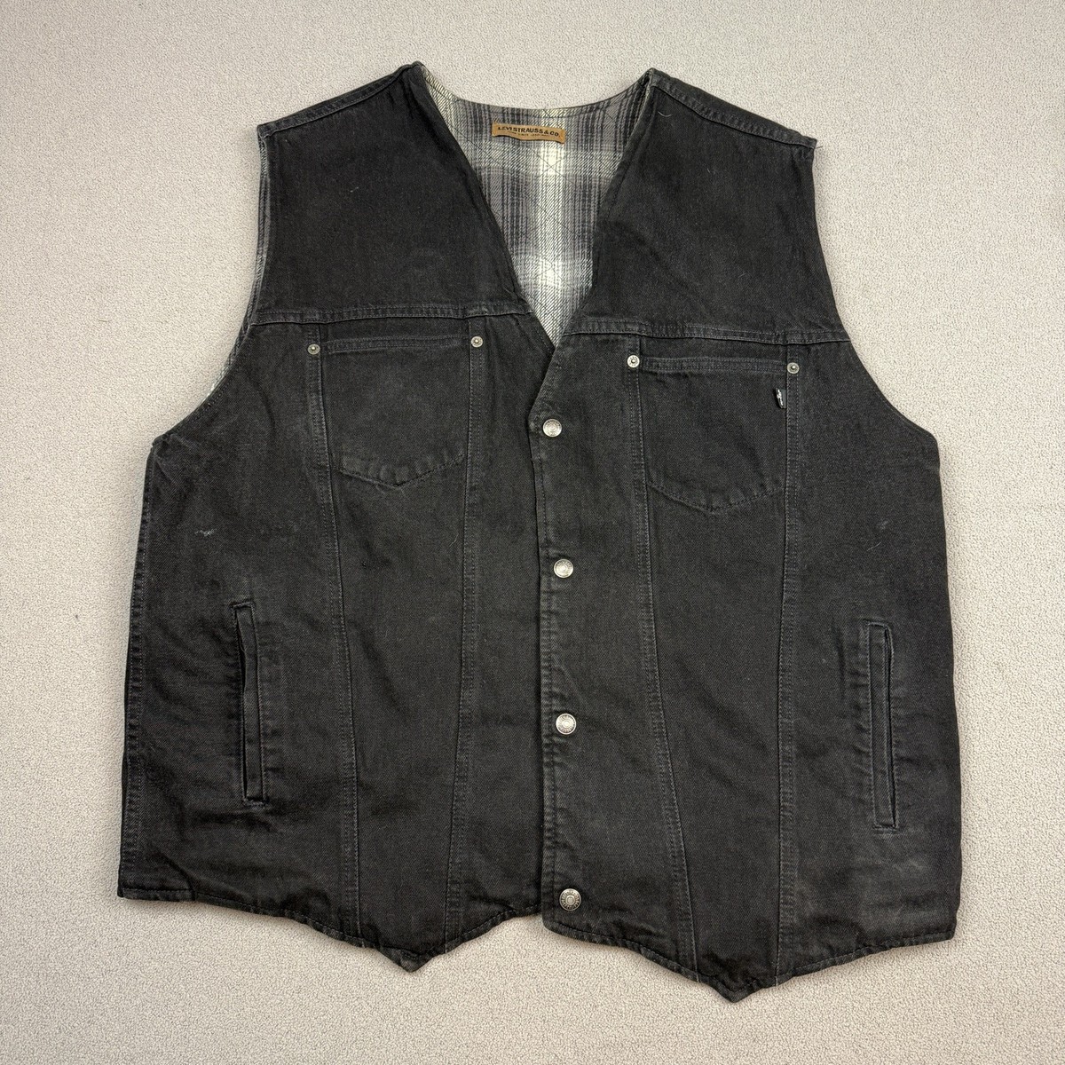 Vintage 90s Levis Black Denim Shadow Plaid Flannel Lined Snap Vest