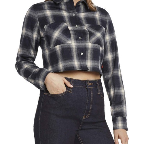 Dickies Shirt Size XL Womens Cropped 100% Cotton Plaid Check Long Sleeves 38"C - Picture 2 of 15