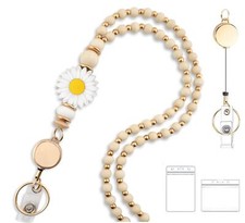 Badge Reel Flower Wooden Teacher Lanyards for Id Badge Cute Beaded Lanyards f...