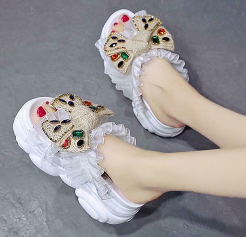 Sweet Womens Bowknot Open toe Platform High Wedge Heel Slip on Summer Slippers - Picture 14 of 21