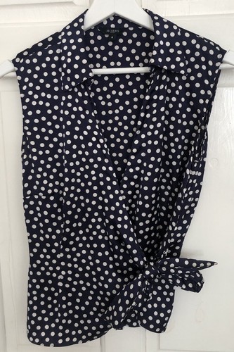 Hobbs Silk Blouse Women 8 Polka Dot Navy White Wrap Around
