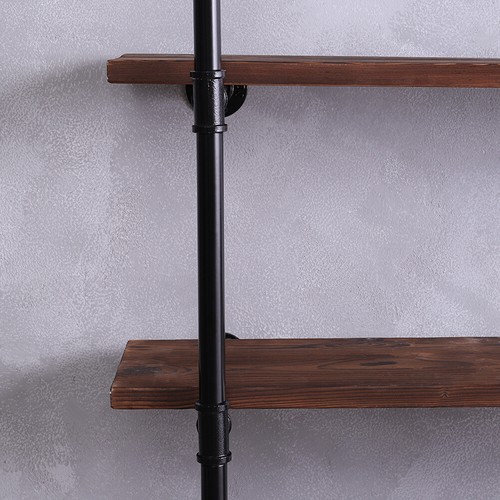 RETRO OAK FLOATING SHELVES WITH VINTAGE IRON PIPE BRACKETS WOOD PANEL WALL SHELF - Picture 7 of 29
