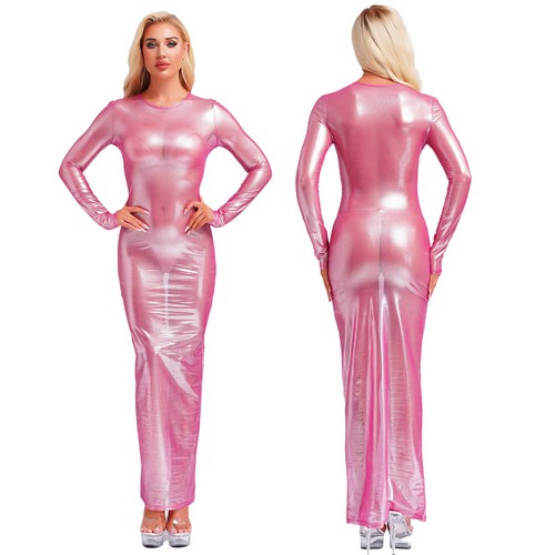 Sexy Maxi Vestido Para Mujer Transparente Manga Larga Metálico Brillante Transparente Bodycon - Imagen 16 de 47