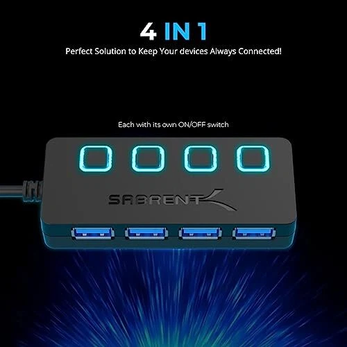 Sabrent 4-Port USB Hub, USB 3.0 Fast Data Hub with Individual D Power