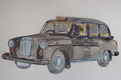 Schwarzes Taxi Aquarell Gemälde Klassiker London Hackney Kutsche Taxi Auto