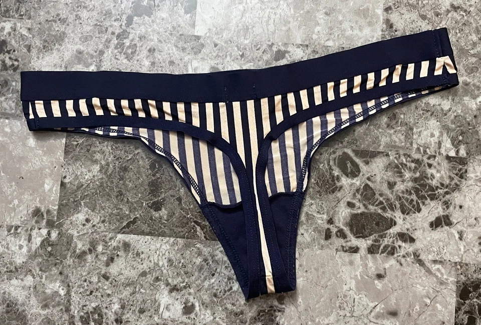 NWOT AMERICAN EAGLE AERIE SMALL NAVY BLUE IVORY STRIPE SMOOTH RARE THONG PANTIES - Image 3 of 3