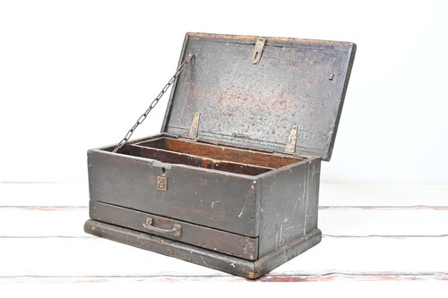 Antique/Vintage Wood Carpenters Machinist Chest Leather Handle One Drawer Folk A - Picture 9 of 12