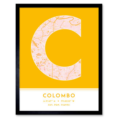 Colombo Sri Lanka Stadtplan Typografie gerahmter Wandkunstdruck 12 x 16 Zoll