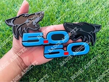 Coyote 5.0 Emblem Badges Light Blue Matte Black On Glossy Black Racing Fast Car