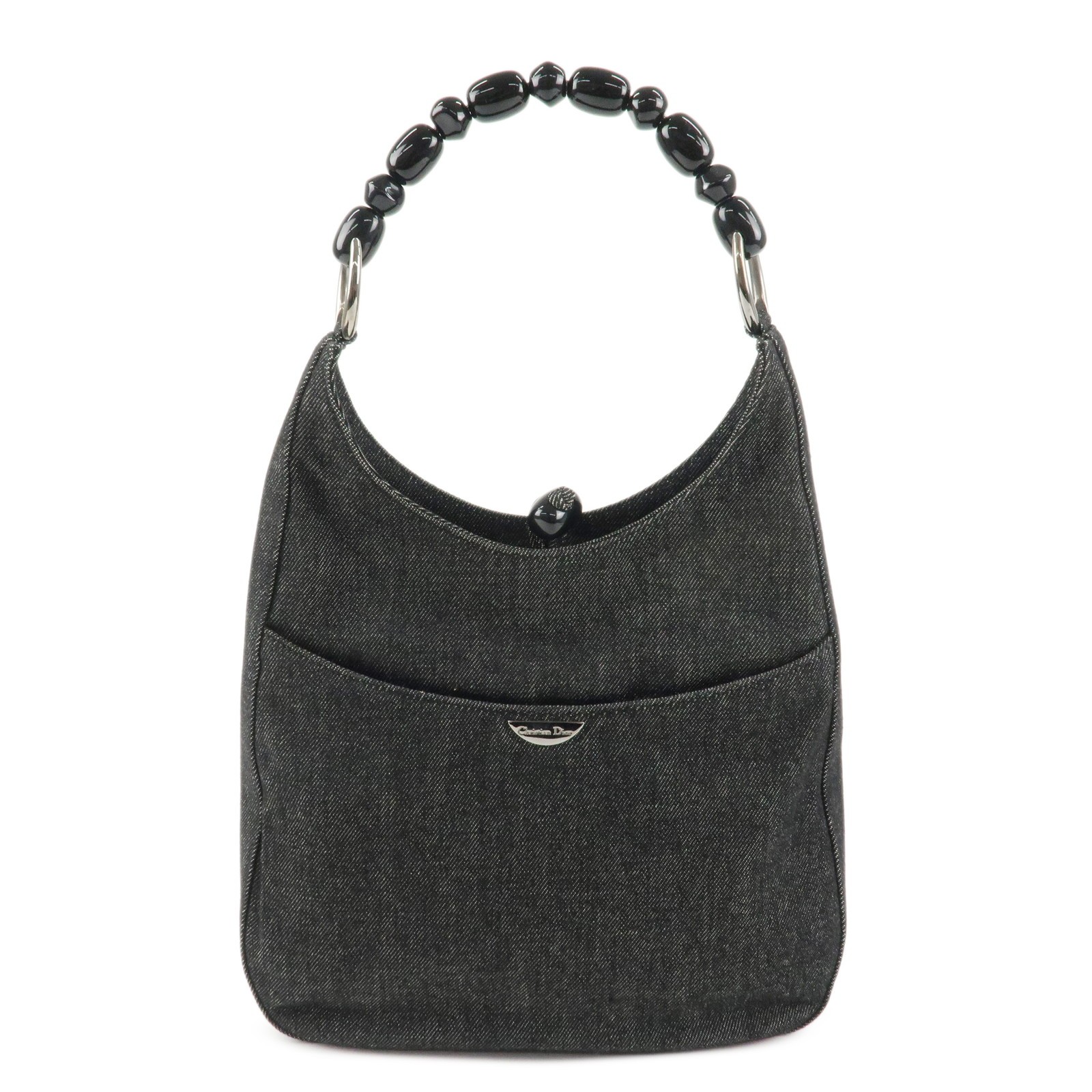 Authentic Used Christian Dior Maris Pearl Denim Shoulder Bag in Black