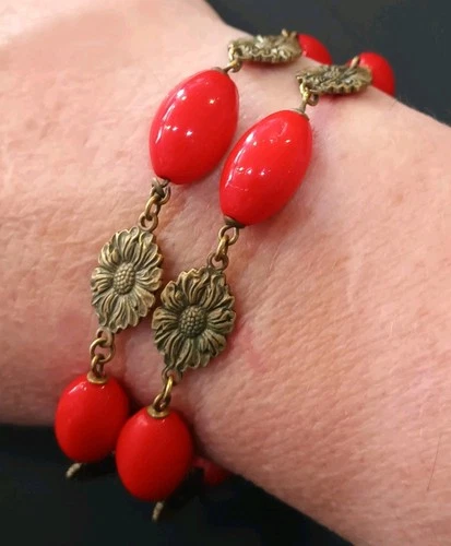 Vintage Miriam Haskell Brass Floral & Red Glass Beaded Bracelet