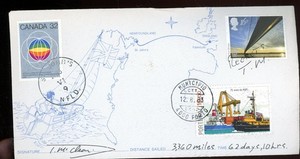 cover-Falmouth, England to St. Johns ,Newfoundland-signed, Tom McClean-3,360 mil