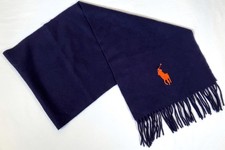 Vtg Polo Ralph Lauren Navy Blue Lambswool Winter Scarf Fringe Orange Logo Italy