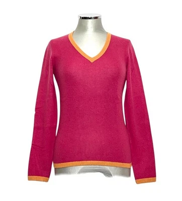 LORO PIANA Pull En Cachemire Femme Manches Longues Col V Patchs Rose Orange NEU - Photo 1/4