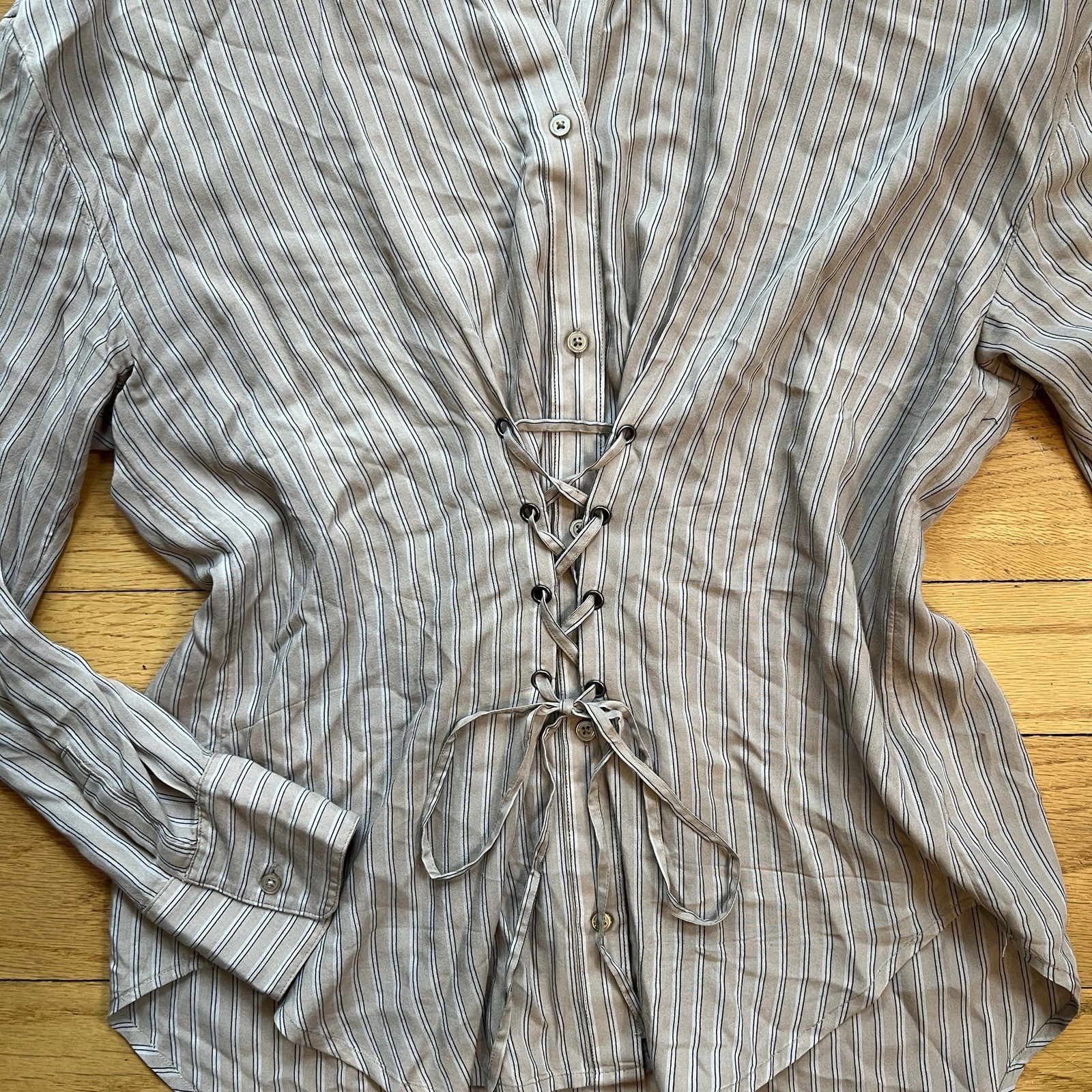 Express Striped Lace-Up Button Collared Long Slee… - image 2