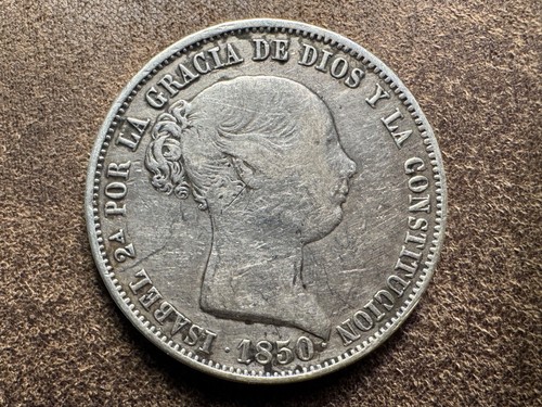 T2: Spain 1850 .900 Silver 20 Reales. Low Mintage, 126,000. Cleaned
